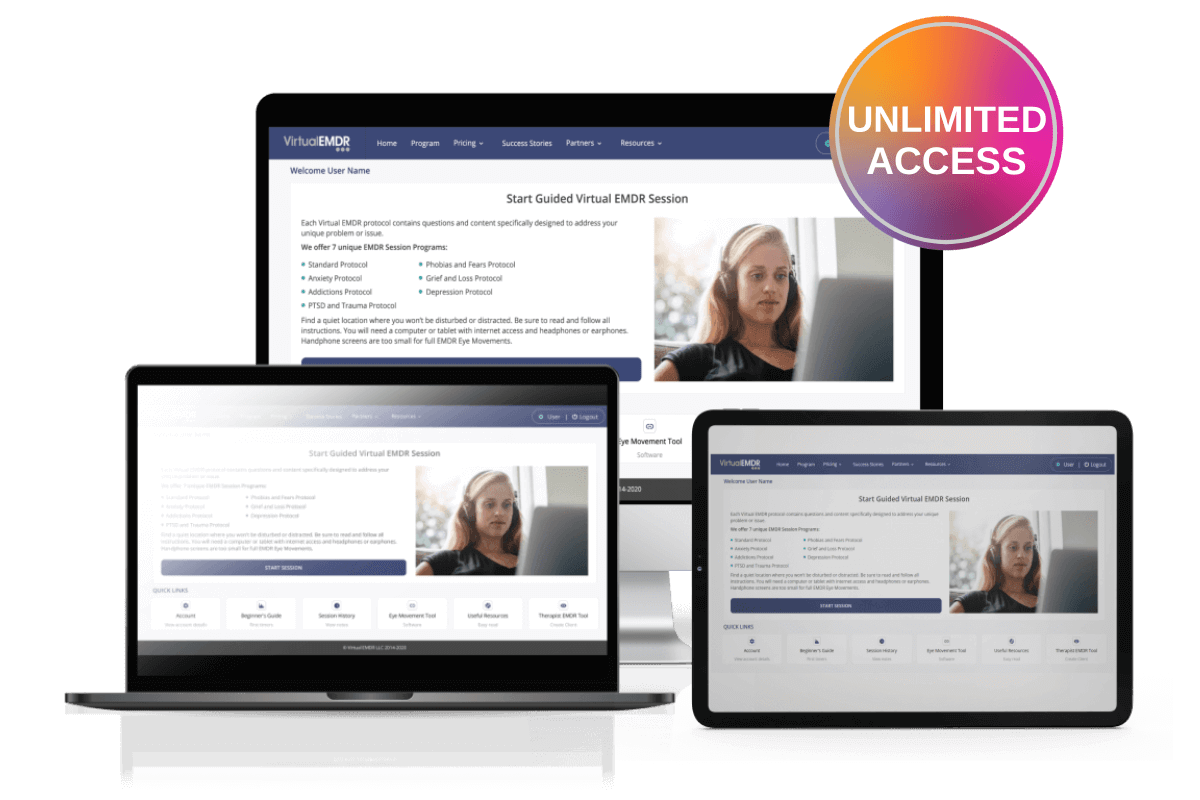 Official Virtual EMDR program screens shown on a desktop computer, laptop, and tablet, with a promotional badge reading Unlimited Access.